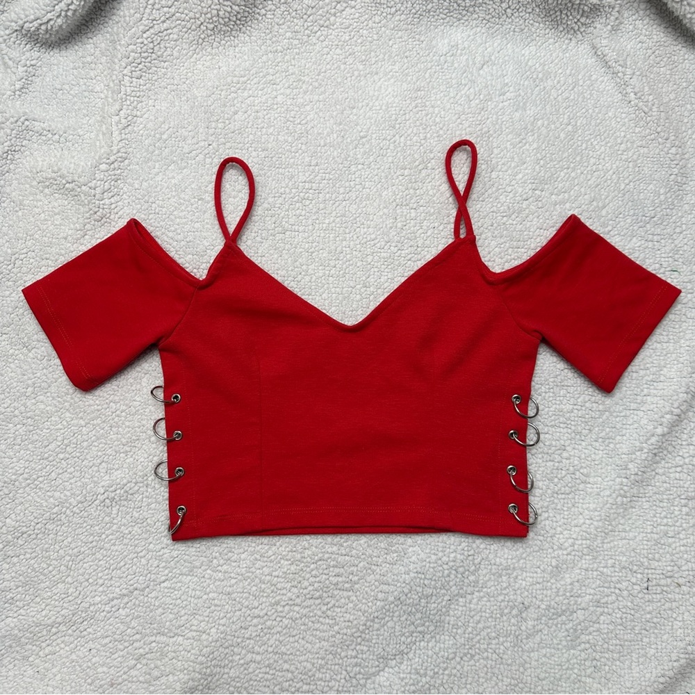 Women’s Red Topshop Cropped Top Cold Shoulder Spaghetti Strap V neck - Picture 2 of 14